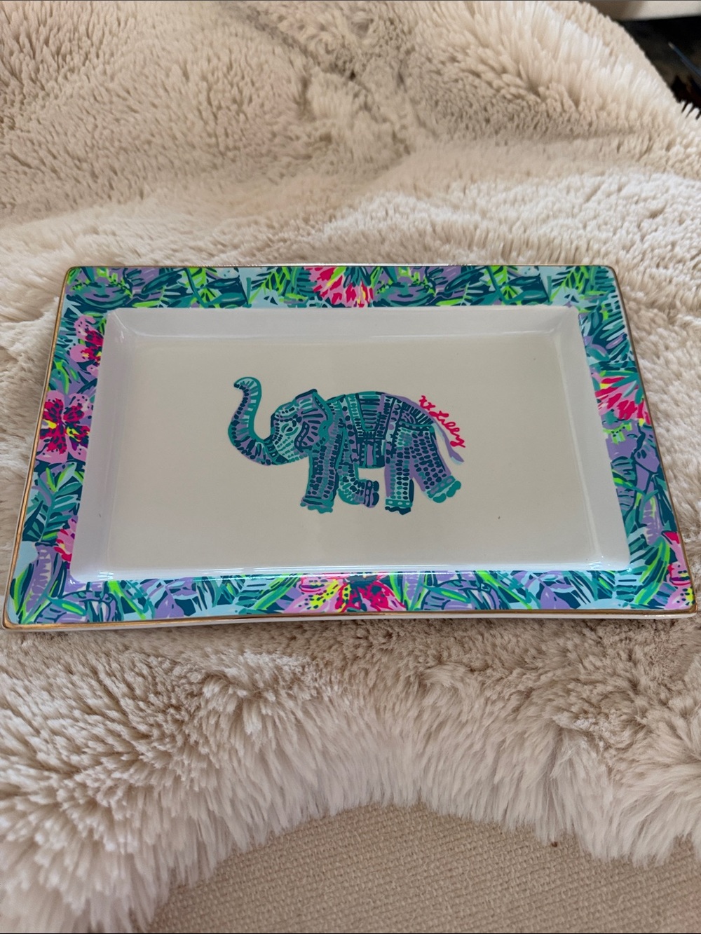Lilly Pulitzer White Tray with Colorful Floral Border and Teal Elephant